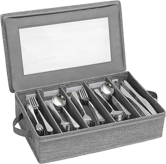 Lifewit Silverware Storage Box, Flatware Organizer with Zipper Lid, 5 Compartment Cutlery Case with Adjustable Divider and Handle, Utensil Container for Spoon Fork Knives Tableware, Gray, 1 Pack
