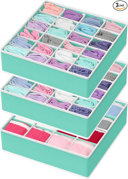 Simple Houseware Sock Drawer Organizer for Dresser/Closet/Bedroom, 3 Pack, Turquoise