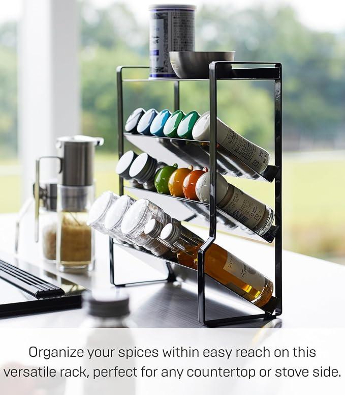 Yamazaki Home Tower 4-Tier Slim Spice Rack Organizer - Large Capacity, Angled Shelves, Flat Top Tier - Ideal For Countertops And Stove Sides - Steel