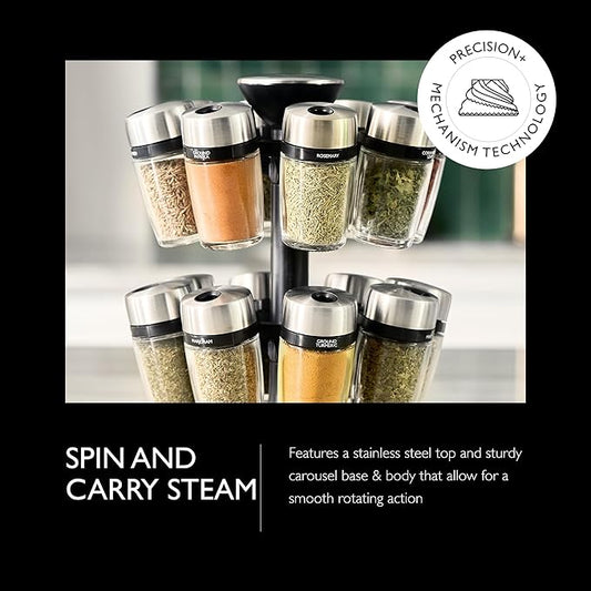 Cole & Mason 16 Herb & Spice Carousel - Rotating Spice Rack - Metal Two-Tier Organizer - Lazy Susan Style - Stainless Steel/Black, 10 inch