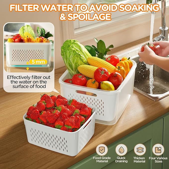 6 PCS Fruit Storage Containers for Fridge with Removable Colanders, 6 Plastic Food Storage Containers with 6 Lids, Leakproof Produce Containers Keep Fruits, Vegetables, Berry, Meat Fresh Longer