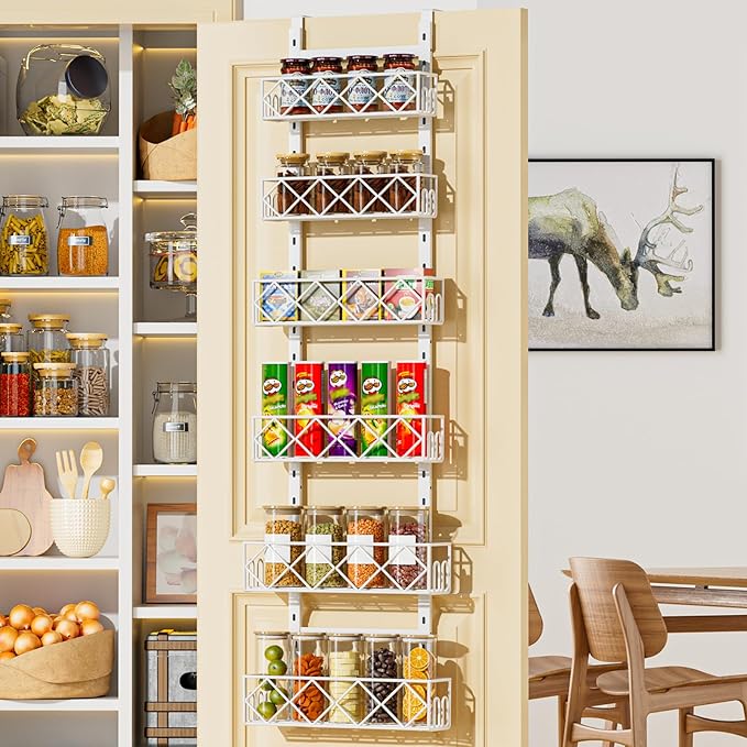 Over the Door Pantry Organizer 6-Tier Adjustable Baskets Hanging Spice Door Rack Narrow - 13.1" W x 52.3" H Behind the Door Storage for Kitchen, Bathroom, and Closet Organization-White