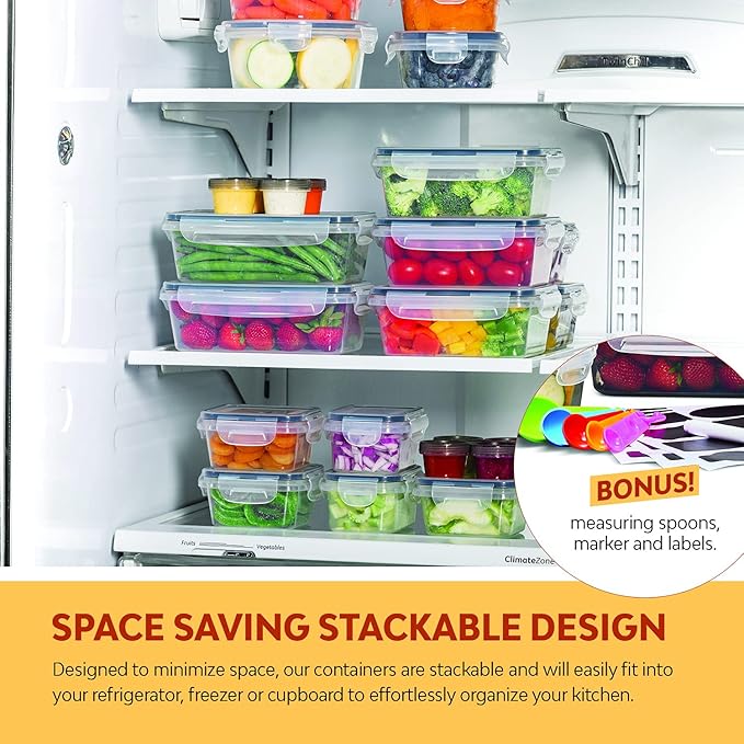 24 Pcs Airtight Food Storage Container Set - BPA Free Clear Plastic Kitchen and Pantry Organization Meal Prep Lunch Container with Durable Leak Proof Lids - Labels, Marker & Spoon Set