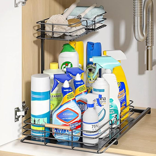 LAMU Under Sink Organizers and Storage, 2 Tier Bathroom Kitchen Cabinet Organizers, Pull Out Under Sink Storage Kitchen Shelf Organizer for Under Counter Storage