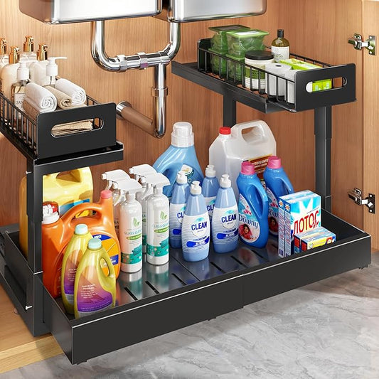 1 Pack Expandable Under Sink Organizers And Storage With Upgrade Ball-Bearing Slide Tracks,2-Tier Pull Out Under Cabinet Organizer Height Adjustable,Slide Out Under Sink Drawers-Black(Patent Pending)