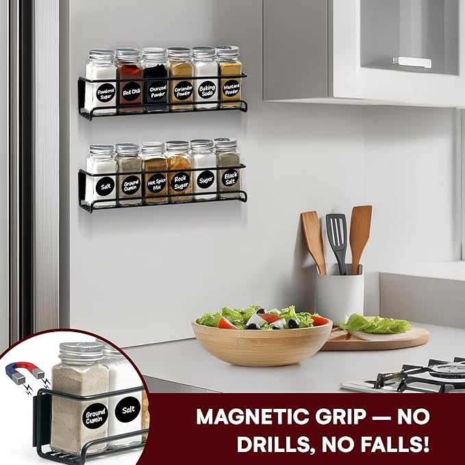 Vdomus Magnetic Spice Rack - Set of 18 - Fridge Storage Shelf for Spices - 12 Glass Spice Jars, 12 Stickers 1 Chalk Marker, 1 Funnel, 1 S/S Cleaning Brush, 2 Racks - Kitchen Organizer (Matte Black)
