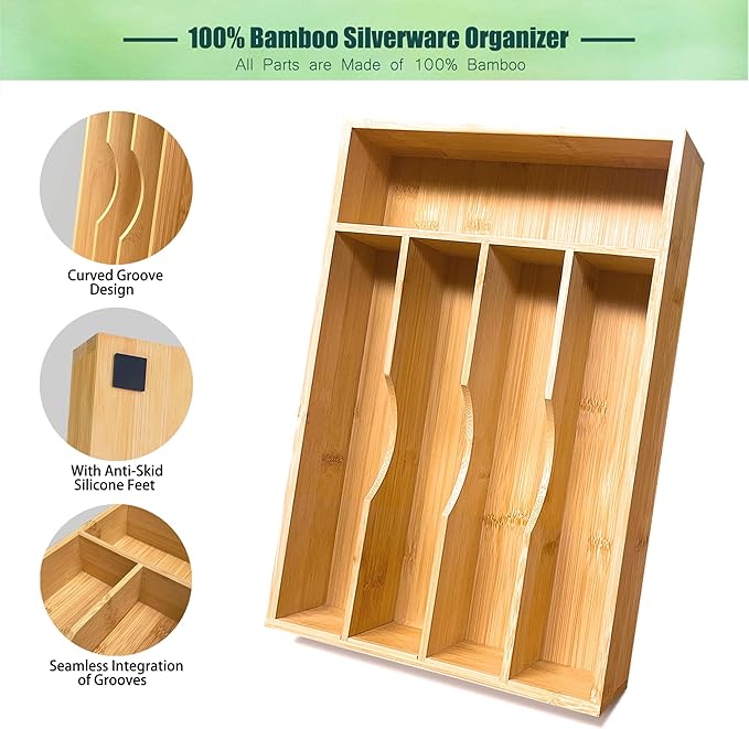 Bamboo Kitchen Drawer Silverware Organizer, 9 Inch Silverware Utensils Tray Holder for Small Drawer, Cutlery Tray, Wood Caddy for Flatware Cutlery Knives 5-Slots