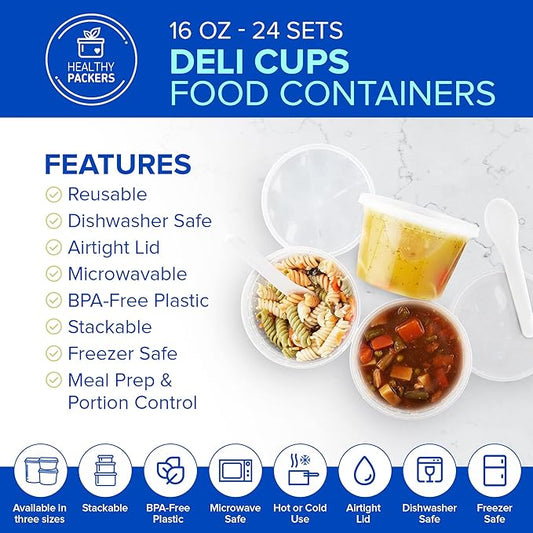 16oz Food Storage & Soup Containers with Airtight Lids - Clear Plastic Deli Cups - Great for Your Slime Kit - BPA Free | Leakproof - Microwaveable - Reusable - Dishwasher & Freezer Safe (24 pack)
