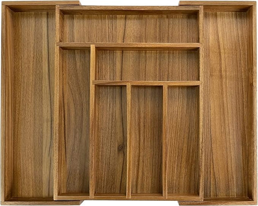 Luxury Acacia Kitchen Drawer Organizer - Silverware Organizer - Utensil Holder and Cutlery Tray with Grooved Drawer Dividers for Flatware and Kitchen Utensils (8 Slot), 17*12.4*2 inch