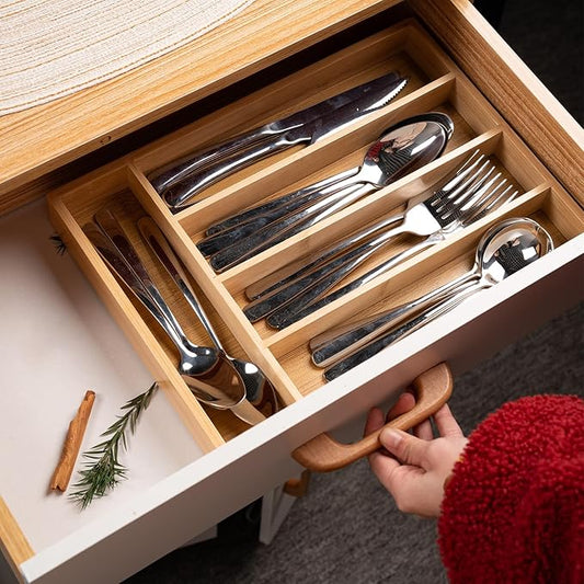 Silverware Organizer Bamboo Kitchen Drawer Organizer Kitchen Utensil Organizer with 5 Slots Flatware Organizer Tray for Kitchen, Flatware, Utensils(Natural)
