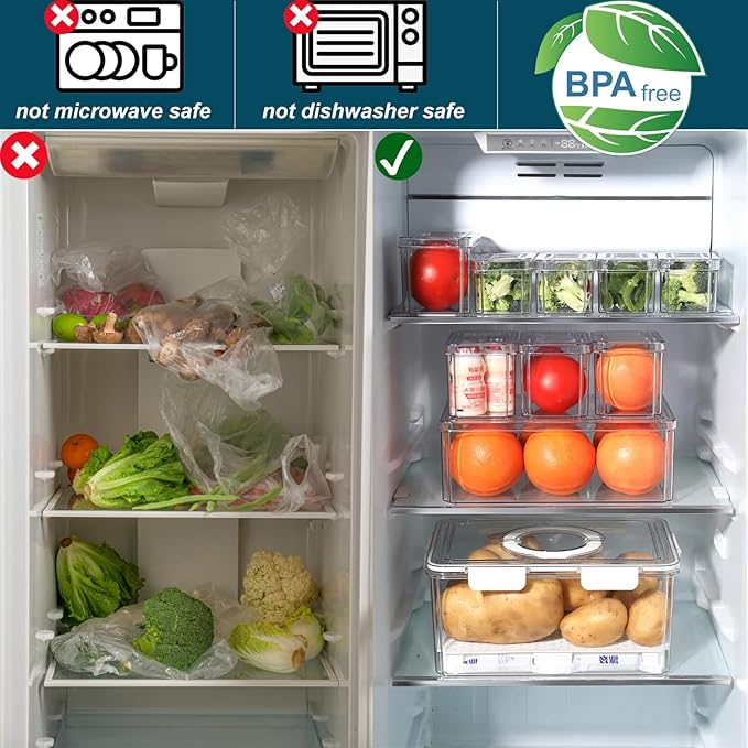 Taiuloo Airtight Fruit Storage Containers for Fridge with Lids & Handle, Refrigerator Organizers Storage Set of 10 - Clear Berry Vegetable Fresh Produce Saver, Stackable Fridge Organizer Bins