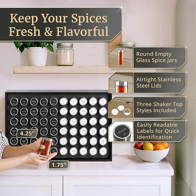BOURBON & BARREL Wooden Spice Rack Organizer with Glass Jars | Stainless Steel Lids | Bamboo Countertop Spice Organization | 350 Waterproof Spice Labels | 2 Chalk Markers | 60 4oz Jars [Black]