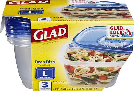 Glad GladWare Deep Dish Food Storage Containers, Large Rectangle - Plastic Container Holds Up to 64 Ounces of Food, Lock Tight Seal, 3 Count Set - 6 Pack (18 Total)
