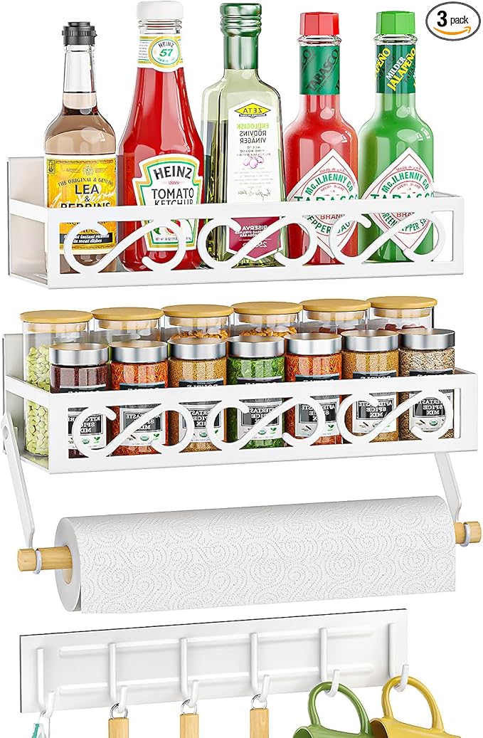 Spice Rack Magnetic for Refrigerator, 3 Pack Magnetic Spice Shelf, Moveable Fridge Organizer with 6 Hook Rack, Magnetic Fridge Seasoning Rack for Kitchen-White