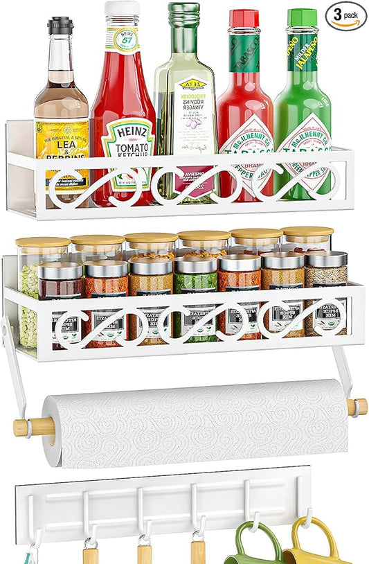 Spice Rack Magnetic for Refrigerator, 3 Pack Magnetic Spice Shelf, Moveable Fridge Organizer with 6 Hook Rack, Magnetic Fridge Seasoning Rack for Kitchen-White