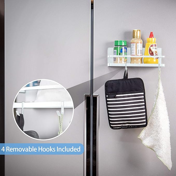 2 Pack - Magnetic Spice Rack, Fridge Organizer Shelf, Side Wall Refrigerator Storage for Spices, Utensils or Plates, Works as Towel Holder with Hooks, Organization for Home and Kitchen (White)