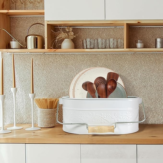 Utensil Caddy For Parties, Utensil Caddy For Kitchen Countertop, Galvalined Metal Caddy, Plate And Utensil Caddy, Picnic Utensil Caddy - Flower Design - Chalk White