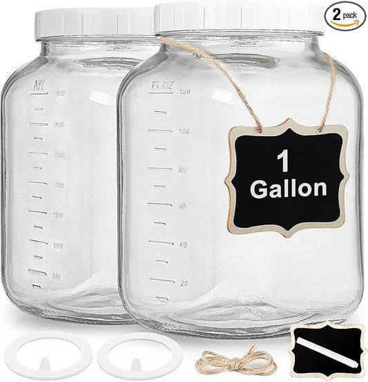 2 Pack Wide Mouth 1 Gallon Clear Glass Jar with Lid, Heavy Duty Airtight Screw Lid with Silicone Gasket - Large Mason Jar with 2 Scale Mark for Fermenting Kombucha and Storing Food(Extra 2 Gaskets)
