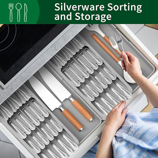 Kitchen Utensil Drawer Organizer, Expandable Silverware Organizer, BPA Free Small Cutlery Holder, Grey