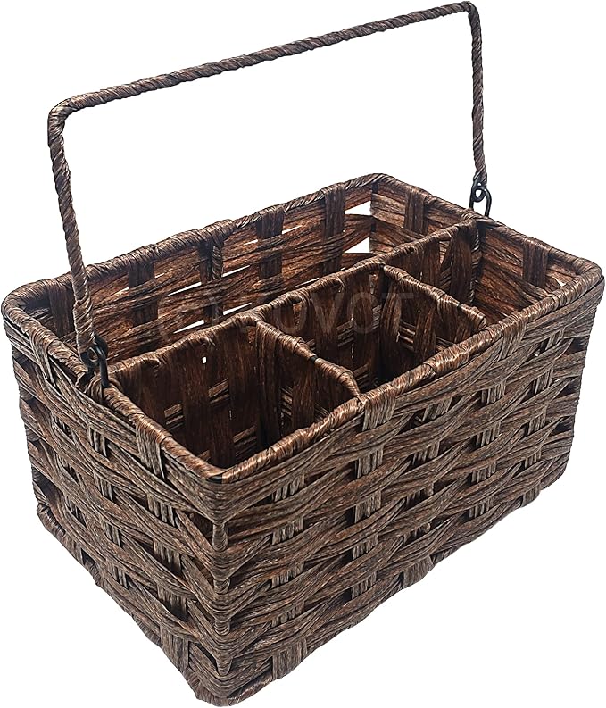 Kovot Poly-Wicker Woven Cutlery Storage Organizer Caddy Tote Bin Basket for Kitchen Table, Cabinet, Pantry, Indoor & Outdoor - Woven Polypropylene | Measures 9.5" x 6.5" x 5" (Dark Brown)