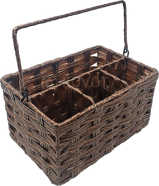 Kovot Poly-Wicker Woven Cutlery Storage Organizer Caddy Tote Bin Basket for Kitchen Table, Cabinet, Pantry, Indoor & Outdoor - Woven Polypropylene | Measures 9.5" x 6.5" x 5" (Dark Brown)