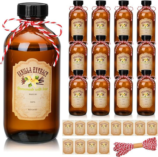 Uiifan 12 Pack Amber Glass Bottle Boston Round Bottles with Caps Brown Vanilla Extract Jars and 12 Pcs Vanilla Extract Stickers for Syrup Gift Glass Jar Food Storage Canister Set Sauce Beans(8 oz)