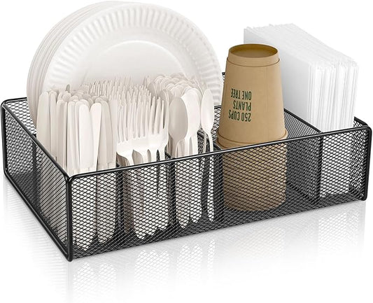 Paper plate organizer for Kitchen Countertop,Flatware Utensil Caddy,Utensil Holder Organizer with 6 Compartments for for Kitchen,Picnic,Indoor/Outdoor Dinner Parties,BBQ