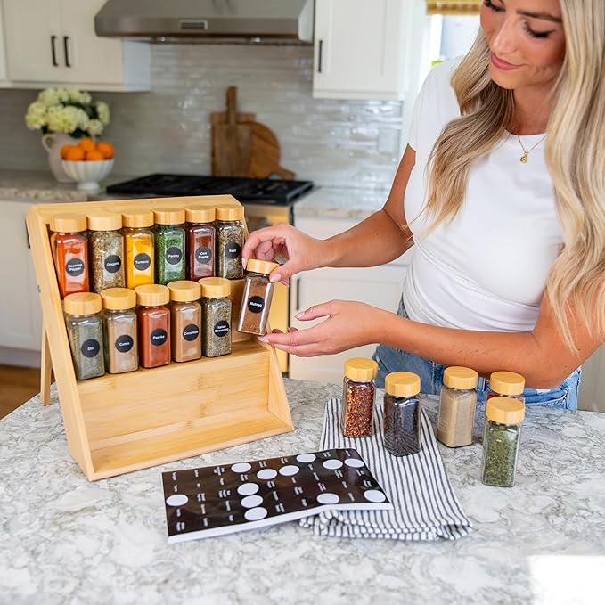 Extra Sturdy 3-Tier Bamboo Spice Rack – 12" W x 10" D x 13" H – Foldable Non-Slip Wooden Spice Organizer for Countertop, Cabinet & Drawer – Includes Labels, Funnel & Hooks