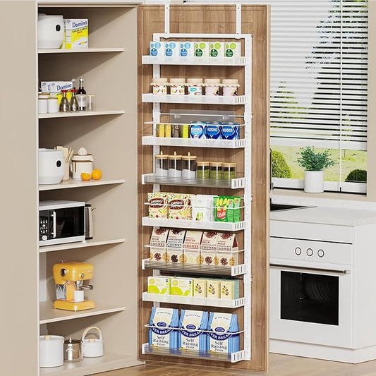 Over the Door Pantry Organizer, 8-Tier Large Wall Mounted Storage Spice Rack, 2 in 1 Heavy-Duty Metal Adjustable Hanging Baskets for Pantry, Bathroom, Kitchen, White