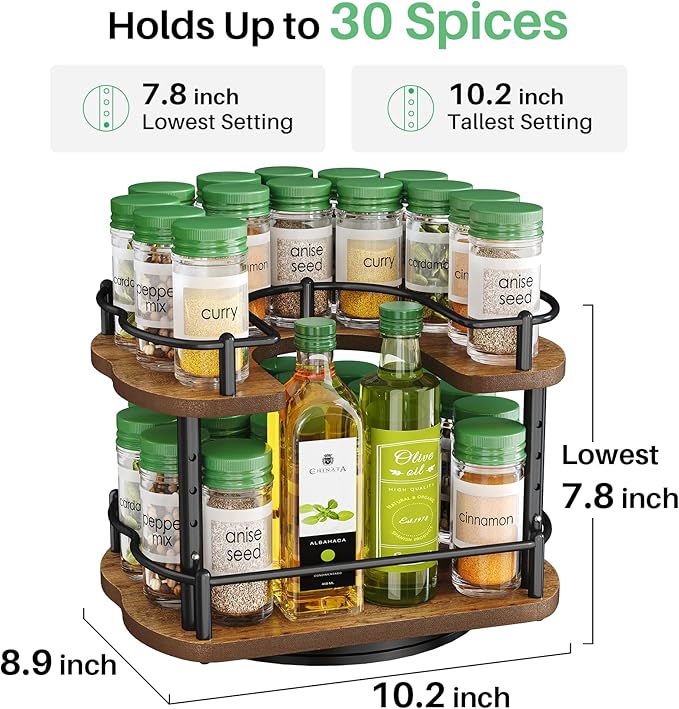 Lazy Susan Organizer Spice Rack for Cabinet - Height Adjustable Rotating Lazy Turntable Spice Organization for Table Top Pantry Kitchen, Wood Lazy Susan 10 inches Black