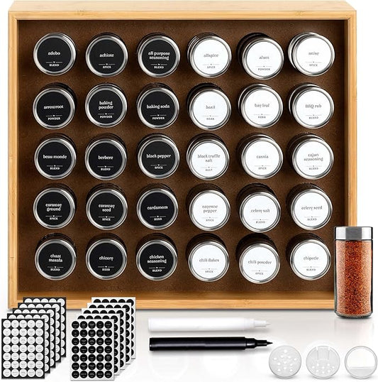 BOURBON & BARREL Wooden Spice Rack Organizer with Glass Jars | Stainless Steel Lids | Bamboo Countertop Spice Organization | 350 Waterproof Spice Labels | 2 Chalk Markers | 30 4oz Jars [Bamboo]