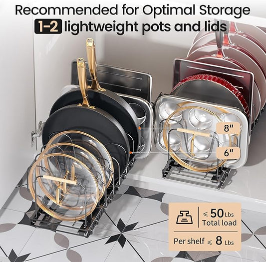 Pots and Pans Organizer under Cabinet, 2 Pack Pull out Pan Organizers inside Cabinet for Kitchen Cabinet Organizers and Storage with Adjustable Dividers and Handled Divider