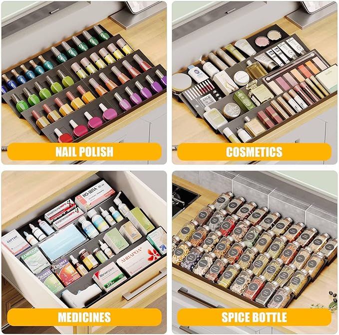 Famhap Spice Drawer Organizer, 4 Tier Expandable from 11.6" to 23.2" Seasoning Rack Tray Insert for Kitchen Drawers, Spice Rack Tray for Drawer/Countertop