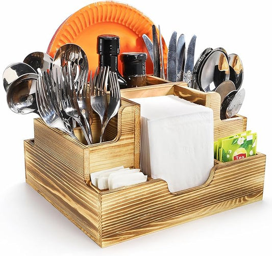 Paper Plate Dispenser, Wood Rustic Utensil Holder Silverware Caddy for Cups Spoons Forks Napkins, Cutlery Flatware Organizer with 9 Compartments for Party, Kitchen Countertop, Camping, Buffet
