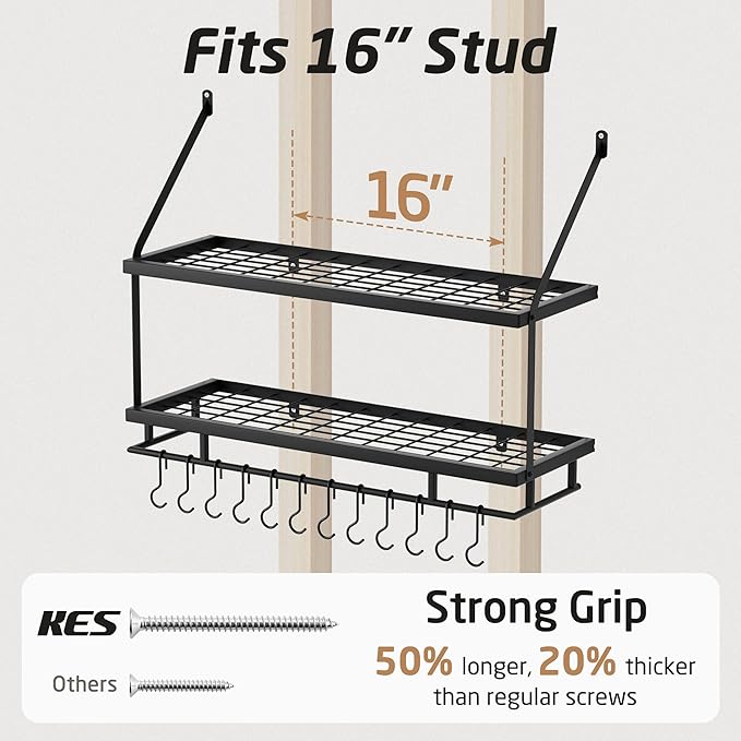 KES 30-Inch Kitchen Pot Rack - Mounted Hanging Rack for Kitchen Storage and Organization- Matte Black 2-Tier Wall Shelf for Pots and Pans Organizer with 12 Hooks - KUR215S75B-BK