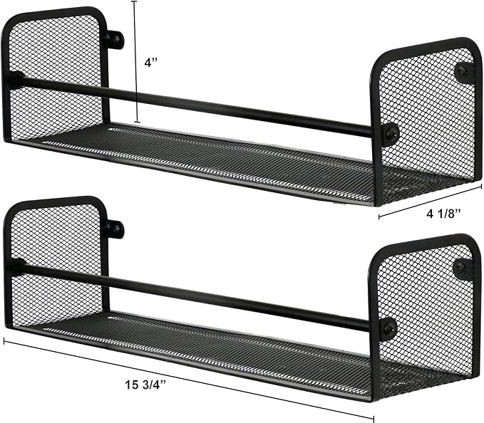 Greenco Wall Mount Single Tier Mesh Spice Rack, Black, Set 2