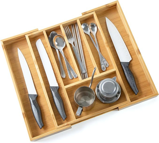 HOMESTEAD Nature Bamboo Drawer Organizer - Silverware Drawer Organizer, Expandable Drawer, Spoon and Fork Organizer for Kitchen & Versatile in Bedroom, Office, Cosmetics
