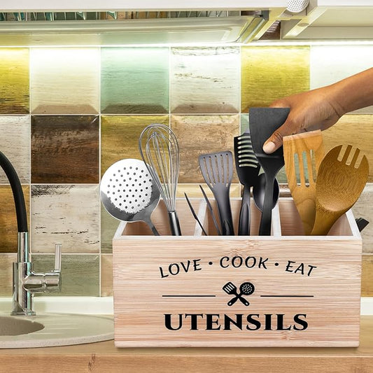 Bamboo Utensil Holder Caddy with 3 Compartments for Kitchen Counter, Rustic Flatware Organizer Cutlery Storage Box for Silverware Fork Spoon Spatula