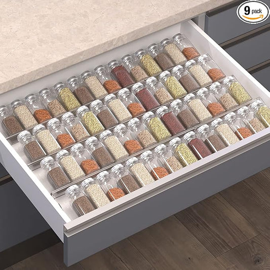Spice Drawer Organizer, 9 Pcs Clear Acrylic In Drawer Seasoning Jars Rack, Expandable From 8" to 24" Kitchen Cabinets/Countertop Drawer Spice Rack Tray (Fit Small Drawer)