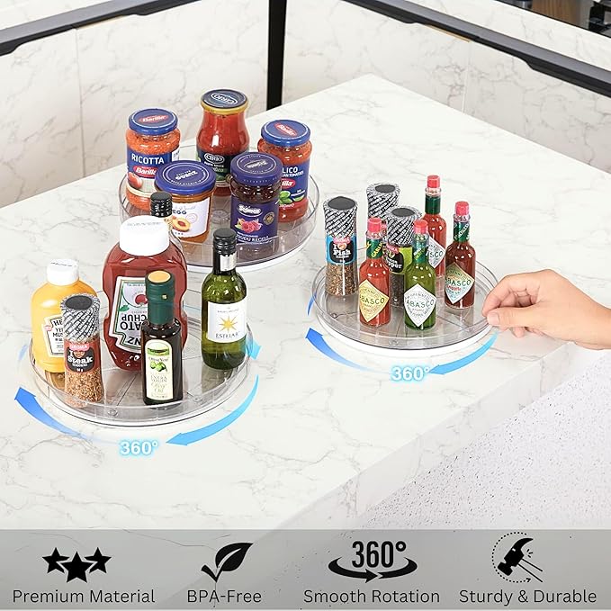 NOSTALGIQ 3-Pack Lazy Susan Organizer | Rotating Pantry Organizers and Storage | Clear Lazy Susan for Table Top, Cabinet Organizer, Perfume Organizer, Spice Rack Organizer (9", 10", 11")