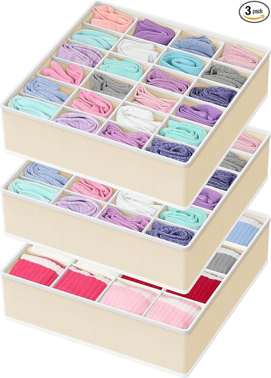 Simple Houseware Sock Drawer Organizer for Dresser/Closet/Bedroom, 3 Pack, Beige