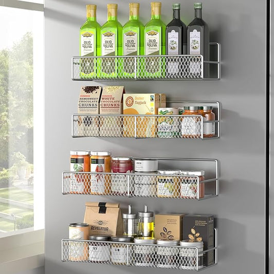 Magnetic Spice Rack for Refrigerator, 4 Pack Metal Magnetic Shelf Grey, Moveable Spice Organizer, Super Magnetic Fridge Shelf for Kitchen Organization and Storage