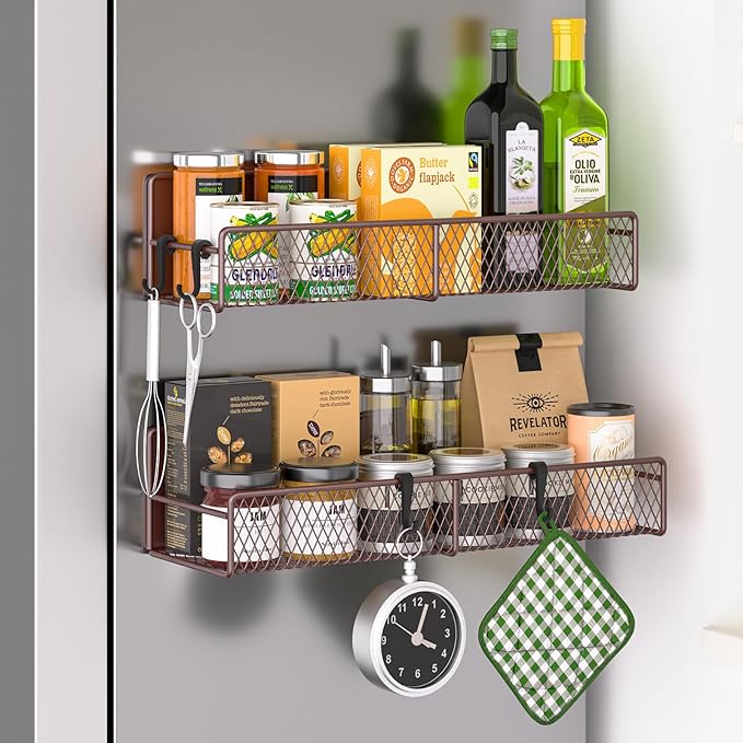 Magnetic Spice Rack for Refrigerator, 2 Pack 100% Metal Strong Magnet Shelf, Space Saving Spice Organizer W/ Hooks, Movable Magnetic Fridge Shelf, Kitchen Home Laundry Room Storage Organization, Brown