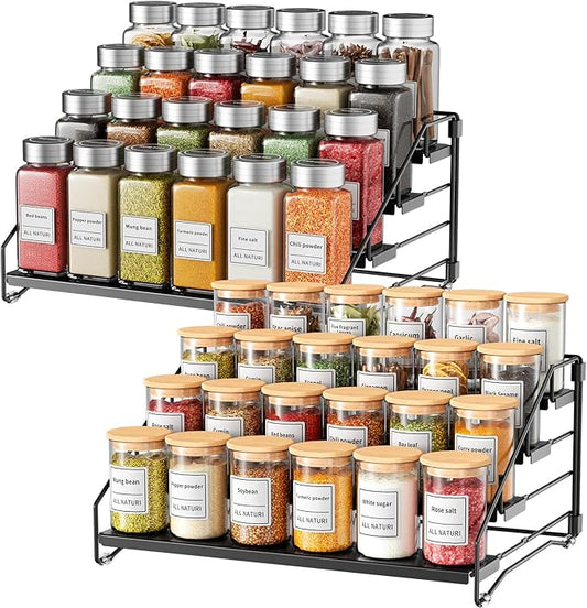 RCHYFEED Spice Rack Organizer for Cabinet Pantry,4 Tier Countertop Spice Rack,Step Spice Organization Easy Visibility,Tierd Depth Expandable Seasoning Shelf for Cabinet Organizer (Black, 2Pack)