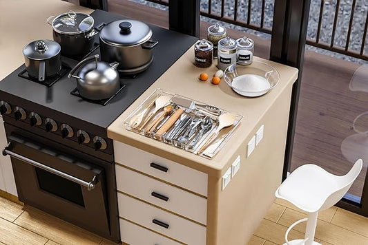 Acina Silverware Organizer for Kitchen Drawers: Expandable Cooking Utensil Tray - Adjustable Cutlery Flatware Holder - Spatula Tools Gadgets Storage Divider Clear (Expandable Tray with 8-Drawers)