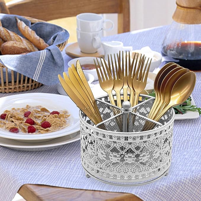 360° Rotating Metal Utensil Caddy - 4 Compartment Vintage Silverware Cutlery Holder Fork Spoon Napkin Organizer Flatware Storage Basket Party Countertop Buffet Picnic Camping Outdoor Silver