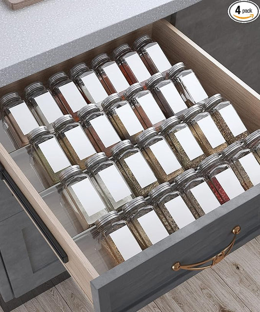 Antimbee Spice Drawer Organizer, 4 Tier- 4 Pack Acrylic Spice Rack Tray for Drawer,Kitchen Spice Rack Tray for Countertop expandable From 13" to 26",Holds up 28 Spice Jars (Jars not Include)