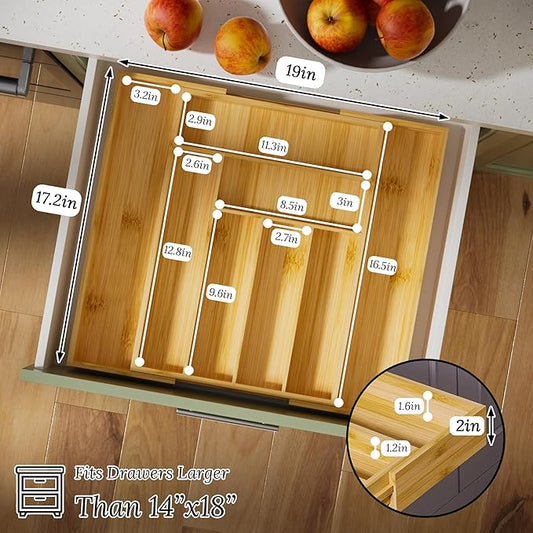 Silverware Organizer Utensil Drawer Organizer - Bamboo Silverware Tray Expandable 8 Slots Flatware Organizer For Kitchen Office Makeup Desk Drawers W12.7-19" x L17.2 (Yellow)