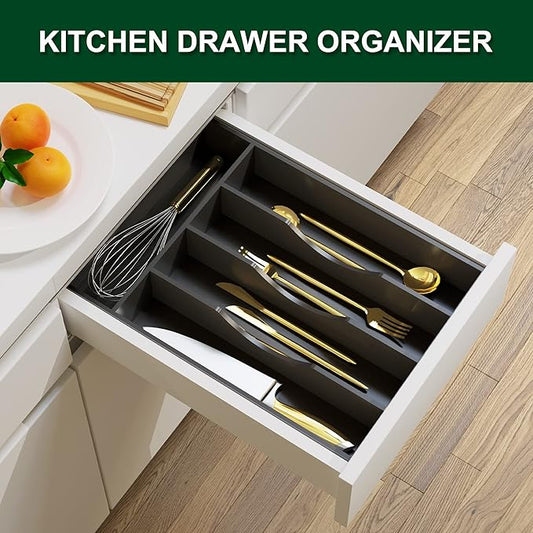 Bellsal Black Utensil Organizer - 10 Inch Silverware Tray with 5 Compartment Narrow Bamboo Drawer Organizer