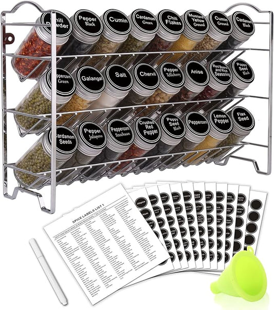 SWOMMOLY Spice Rack Organizer with 24 Empty Round Spice Jars, 396 Spice Labels with Chalk Marker and Funnel Complete Set, Spice Rack for Cabinet, Countertop or Wall Mount, Silver